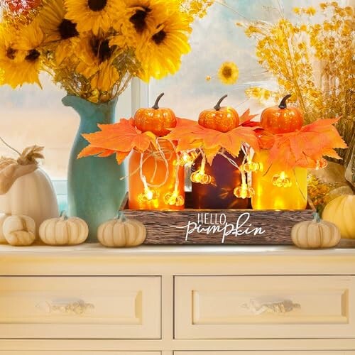 Autumn-themed decor with pumpkins and sunflowers, showcasing the product's farmhouse style.