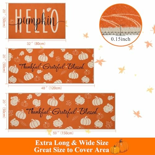 Three orange door mats with fall designs and measurements for a perfect fit