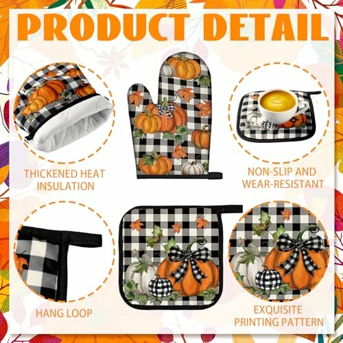 Autumn-themed kitchen mitt and pot holder set with pumpkin design.