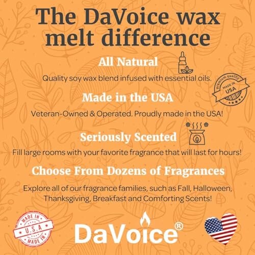 DaVoice wax melts promotion with benefits and made in USA details.