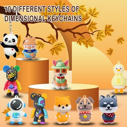 Collection of 10 different dimensional keychains with animal designs on display stands