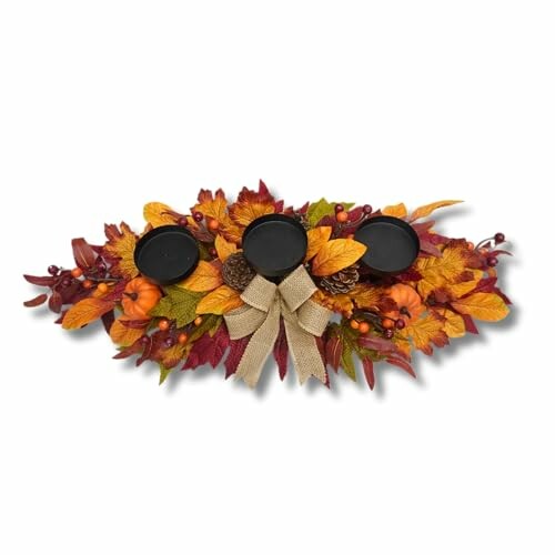 Autumn-themed candle holder with fall leaves and bow