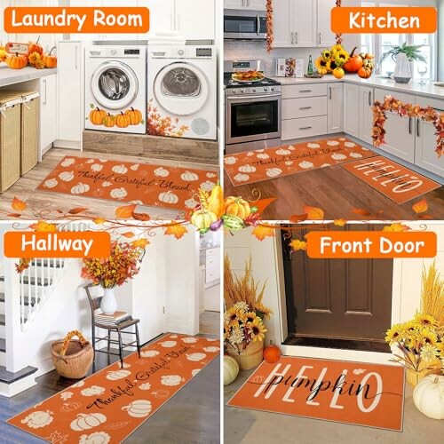 Four seasonal themed floor mats for laundry room, kitchen, hallway, and front door with autumn designs for a cohesive look