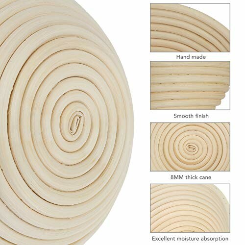 Round bread proofing basket with close-up details of handmade, smooth finish, 8mm thick cane, and excellent moisture absorption.