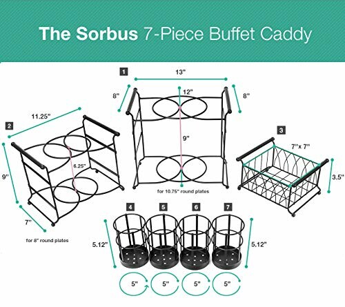 Diagram of Sorbus 7-Piece Buffet Caddy with measurements.