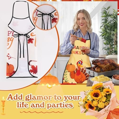 Woman wearing a Thanksgiving apron with turkey and pumpkin design, preparing food.