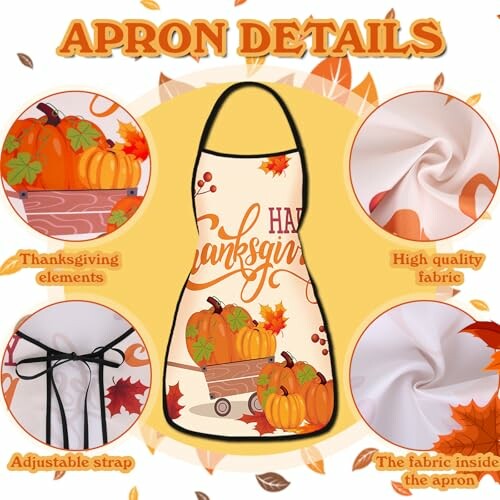 Thanksgiving apron with pumpkins, leaves, and fabric details.