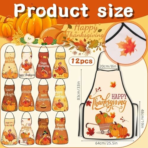 Set of 12 Thanksgiving-themed aprons with autumn designs.