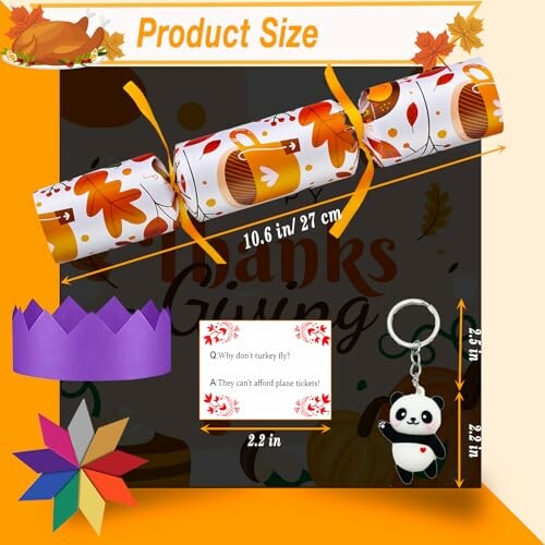 Thanksgiving cracker set with crown, joke, and panda keychain.