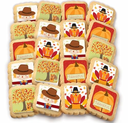 Assorted Thanksgiving-themed cookies with turkeys, scarecrows, and fall designs, perfect for the holiday season.