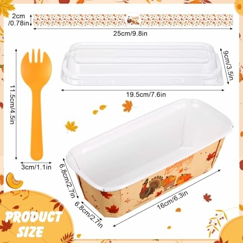 Thanksgiving-themed food container with lid and spoon, featuring size dimensions.