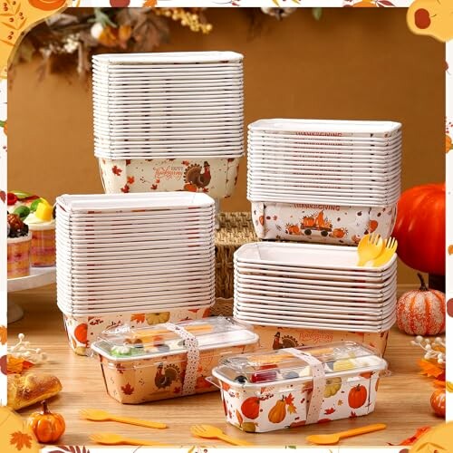 Thanksgiving-themed disposable food containers with autumn designs.