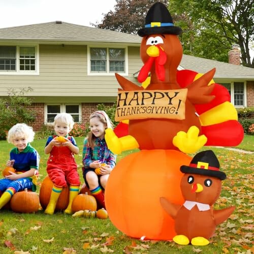 Children sitting with Thanksgiving turkey decorations on lawn.