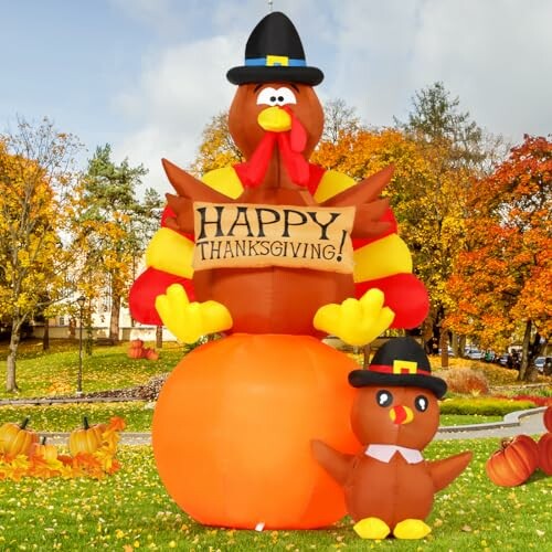 Inflatable Thanksgiving turkey decoration with sign in autumn setting