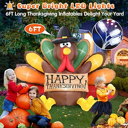 Inflatable turkey with LED lights for Thanksgiving decoration.