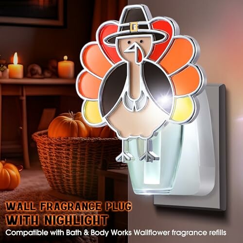 Turkey-shaped wall fragrance plug with nightlight and pumpkin decor.